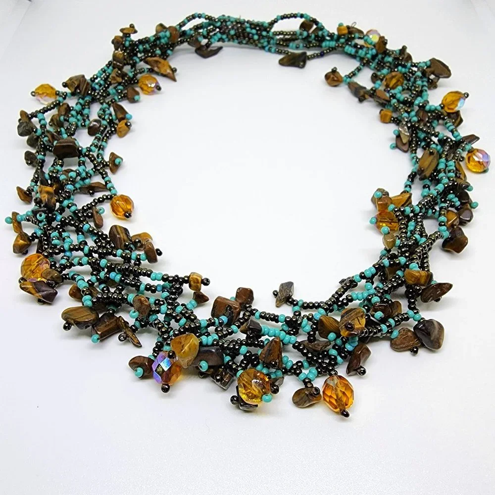 Artisan Turquoise Amber Tiger Eye 6 Strand Beaded Statement Collar Necklace